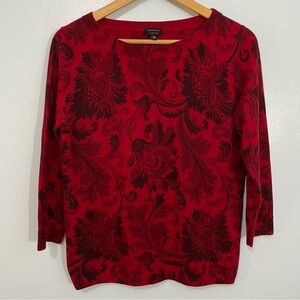 Talbots Red and Black Floral Merino Wool Sweater Size M